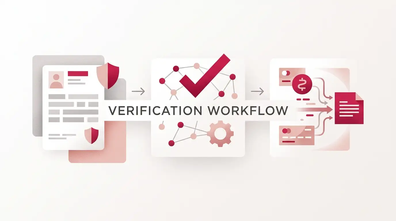 Abstract identity verification flow with document and payment record symbols