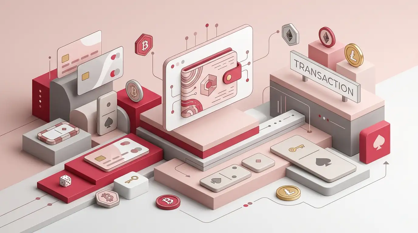 Abstract crypto wallet and casino game interface elements arranged on a desk
