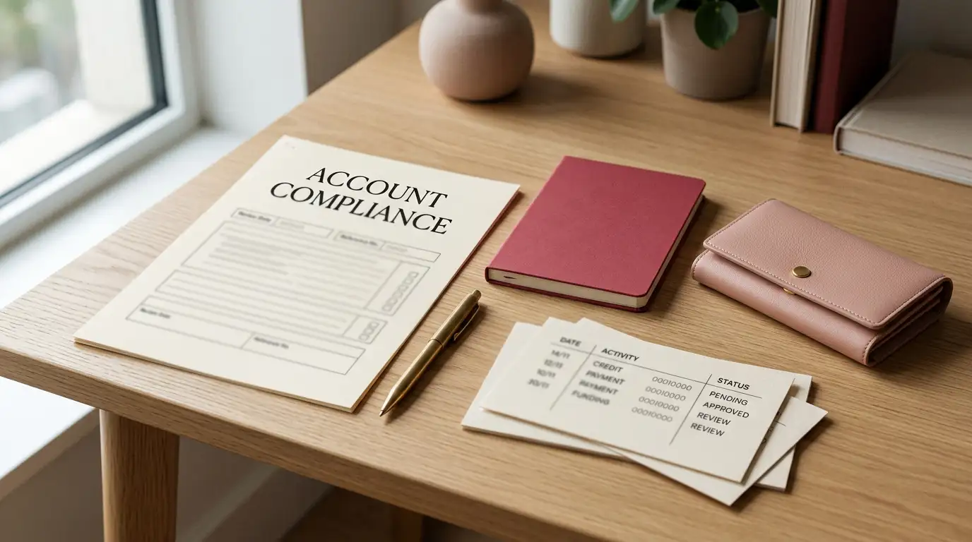 Casino account documents, verification notes and a neutral regulatory checklist on a desk