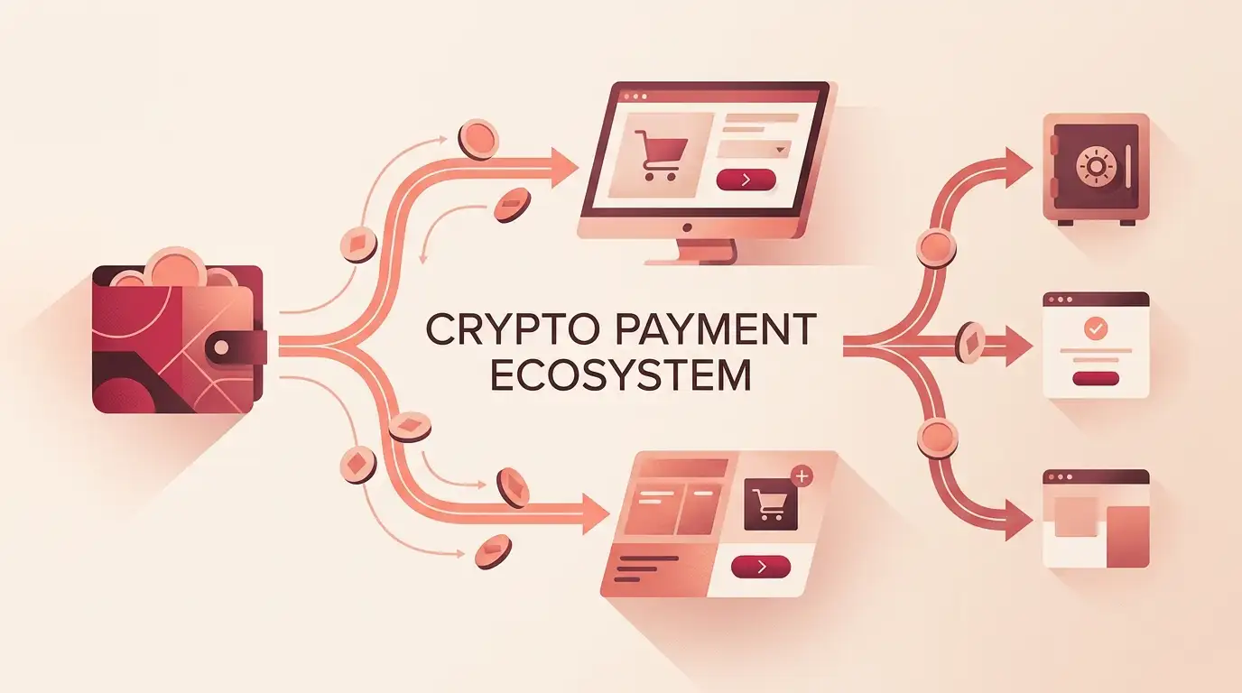 Abstract digital wallet flow connecting crypto assets, a cashier panel and payout routes